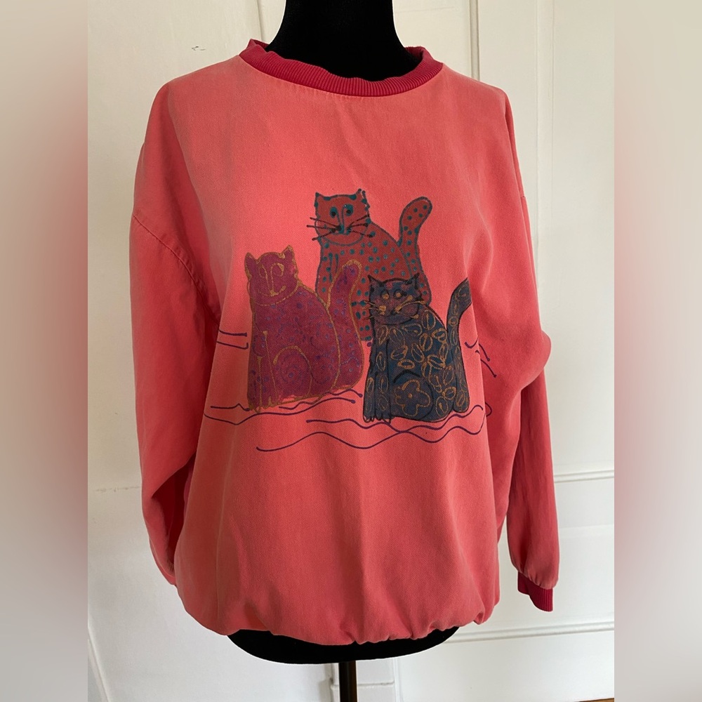 Vintage Hand Painted Cats on Coral Red Sweatshirt. M/L?